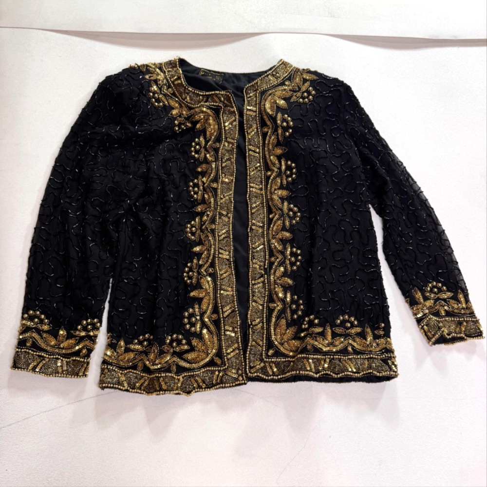 Vintage Mark & John By Sam Jacket Womens Small Black Silk Beaded Sequin Floral